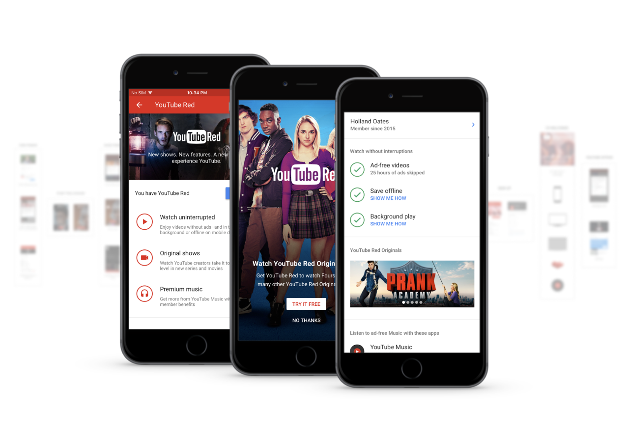 3 mobile phones showing different screens of the YouTube premium experience